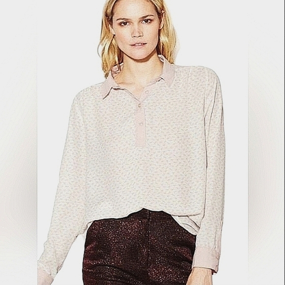 FREE PEOPLE Novelty horse print Sheer Button Blouse In Babypink/ivory. Size S - Picture 1 of 12